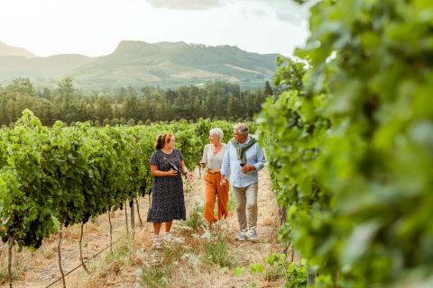 Vigneronne en train de parler de son métier à un couple de visiteurs, dans les vignes