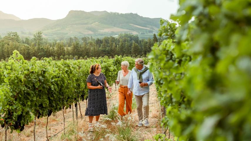 Vigneronne en train de parler de son métier à un couple de visiteurs, dans les vignes